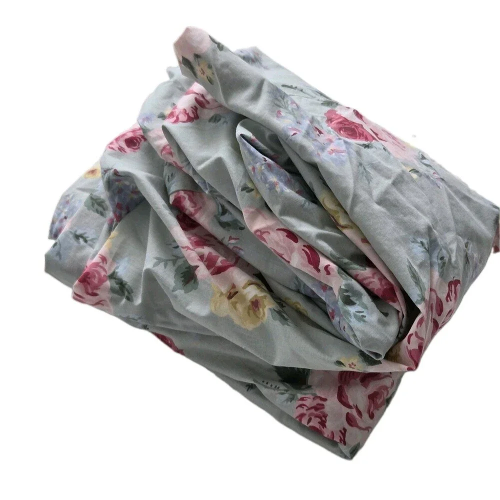 Vintage Ralph Lauren Twin Fitted Sheet Cottage Lane Rose Floral Blue Pink Cotton